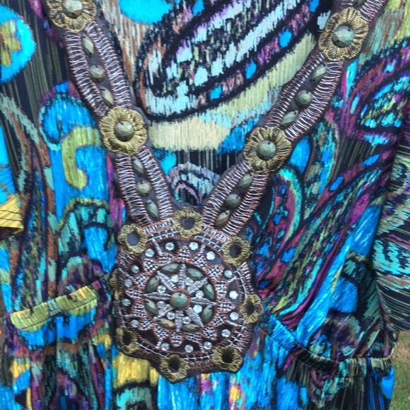 VINTAGE 90s NINETIES BOHO PRINT DRESS W/EMBELLISHED NECKLINE MEDALLION S unworn - Picture 5 of 6